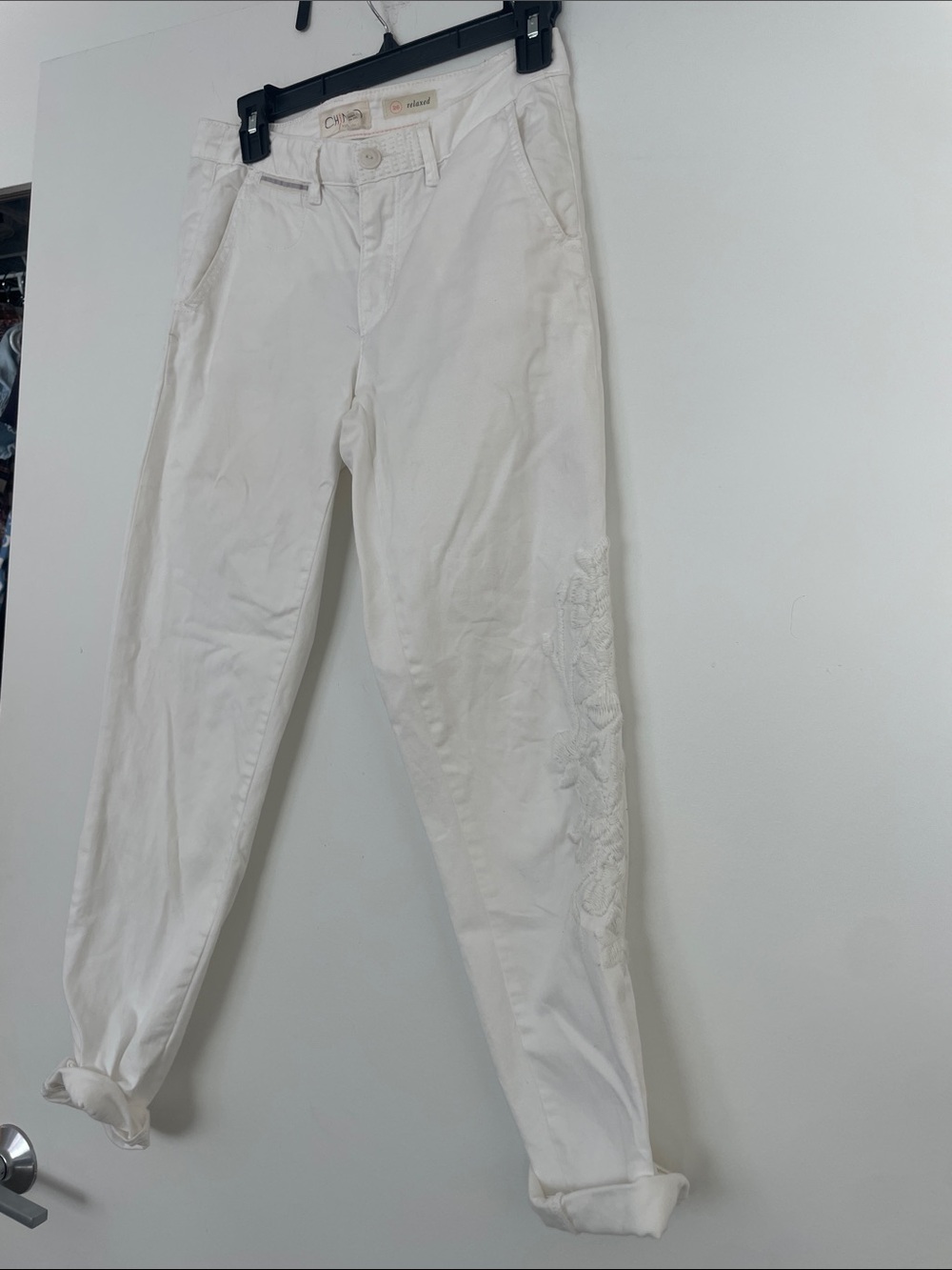 Anthropologie White Relaxed Chino Pants with Orange Stitching